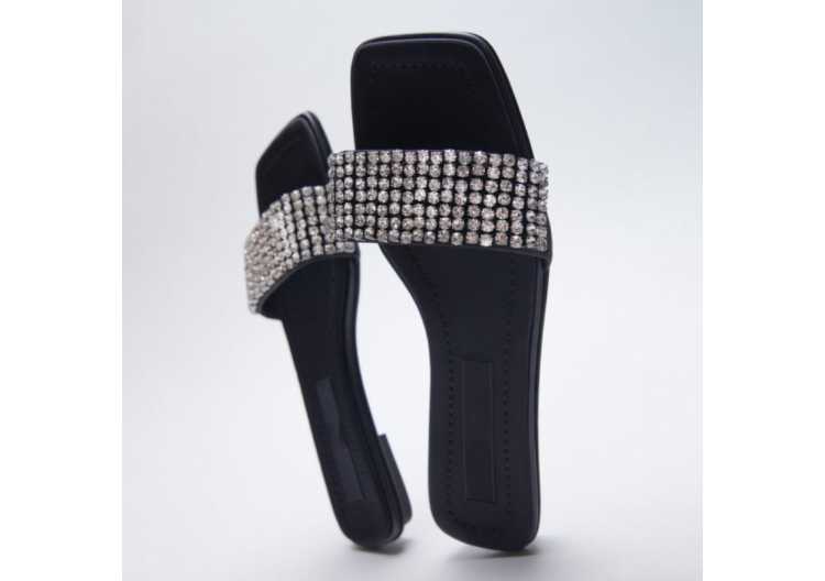 Square toed open heeled flat slippers for outer wear New word belt Rhinestone flat sandals