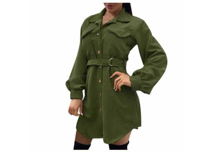 Ladies Casual Long sleeved Corduroy Shirt Two pocket Belted Dress Oversized Coats Female Outerwear Jackets Harajuku