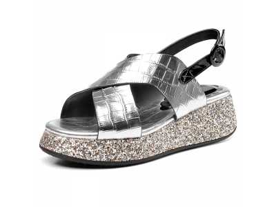 Silver Genuine Leather Sequins Flat Platform Sandals Women Summer Casual Shoes Ladies Sandales Femmes 2021 Sandalias Mujer