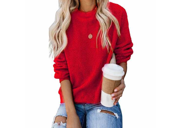 KINGFEN Womens Fuzzy Sherpa Fleece Sweaters Casual Crewneck Sweatshirt Pullover