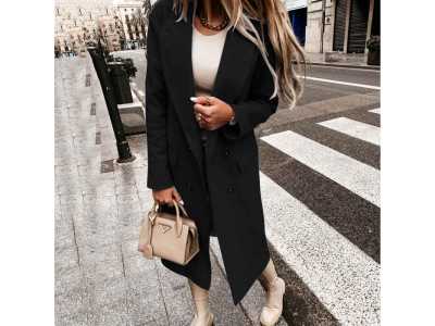 Vintage Elegant Office Ladies Solid Simple Long Wool Coat Ladies Slim Long Overcoat Stylish Tops Thin Coat Female Trench Jacket