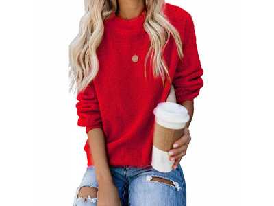 KINGFEN Womens Fuzzy Sherpa Fleece Sweaters Casual Crewneck Sweatshirt Pullover