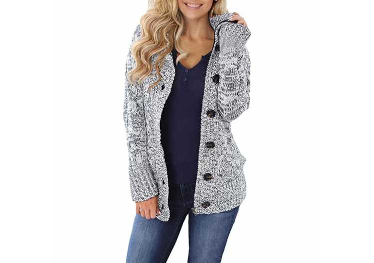 Sidefeel Women Hooded Knit Cardigans Button Cable Sweater Coat
