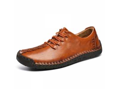 Split Leather Men Casual Shoes Luxury Autumn Mens Loafers Moccasins Breathable Lace Up Hand Sewing Driving Shoes Plus Size 38 48